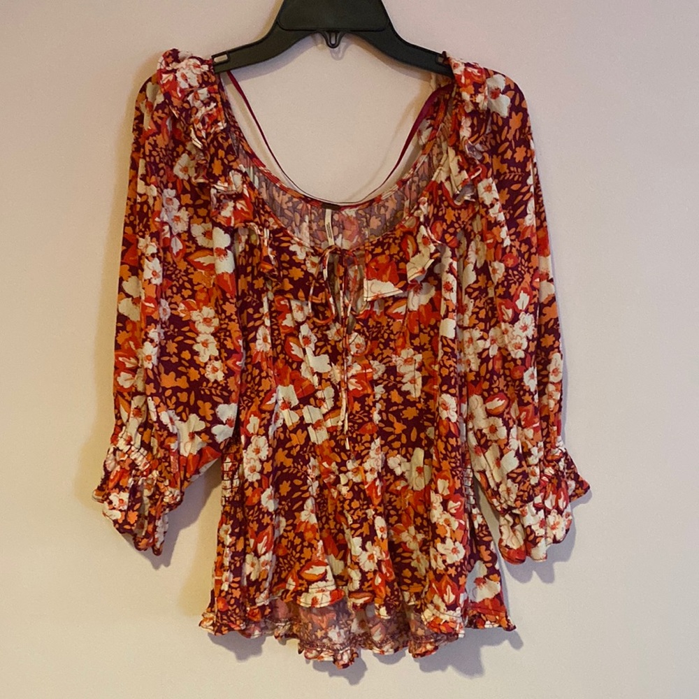 NWT Free People Sweet Memories Pink Multi Floral Print Ruffled Puff Sleeve Top